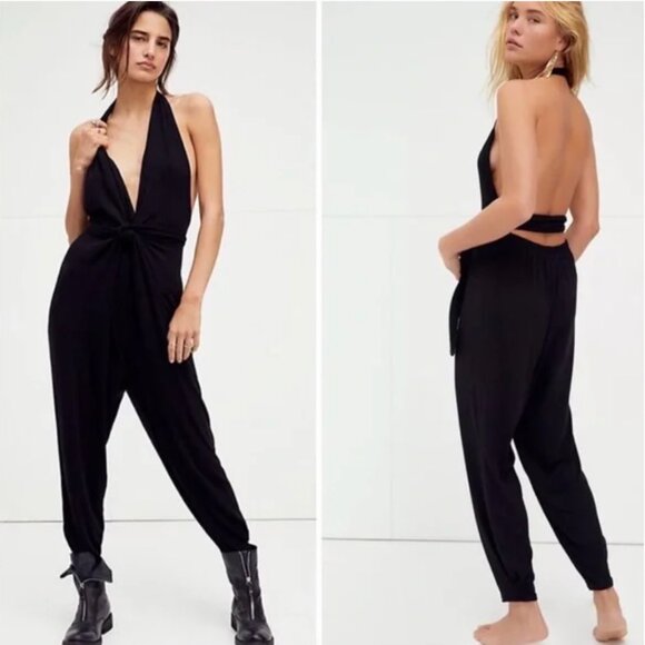 Free People Sun Please One Piece Jumpsuit Romper Open Back Stretch Black Large - Picture 1 of 9